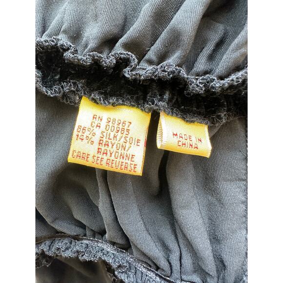 Catherine Malandrino Black Deep-V Gauze Satin Velvet Ruched 3/4 Sleeve Blouse S - Picture 9 of 12